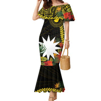 Gold Nauru Family Matching Mermaid Dress and Hawaiian Shirt Naoero Map With Polynesian Tropical Flowers LT14 Mom's Dress Gold - Polynesian Pride