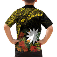 Gold Nauru Family Matching Off The Shoulder Long Sleeve Dress and Hawaiian Shirt Naoero Map With Polynesian Tropical Flowers LT14 - Polynesian Pride