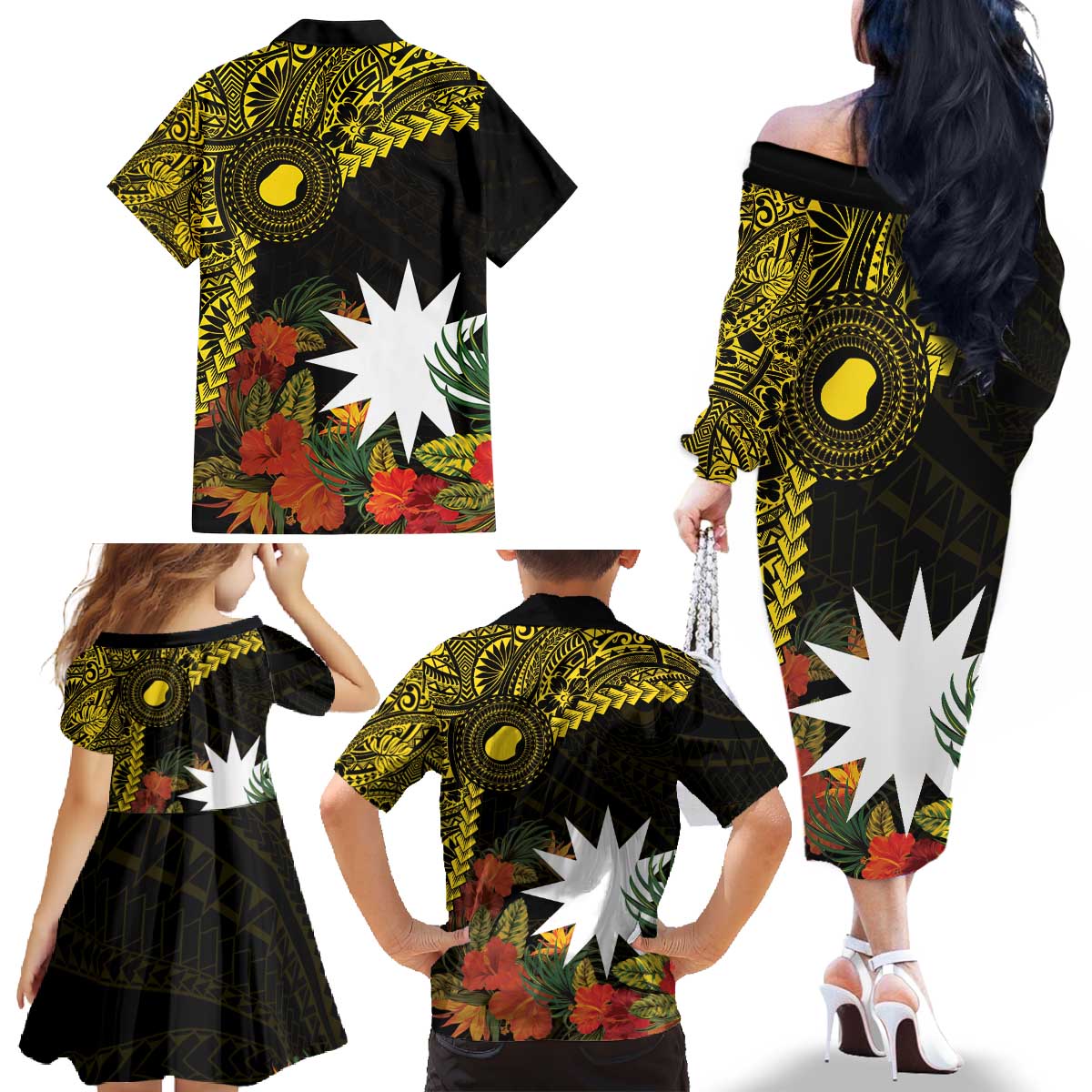 Gold Nauru Family Matching Off The Shoulder Long Sleeve Dress and Hawaiian Shirt Naoero Map With Polynesian Tropical Flowers LT14 - Polynesian Pride