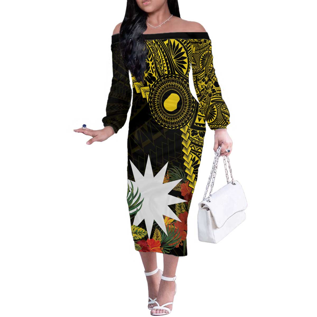 Gold Nauru Family Matching Off The Shoulder Long Sleeve Dress and Hawaiian Shirt Naoero Map With Polynesian Tropical Flowers LT14 Mom's Dress Gold - Polynesian Pride