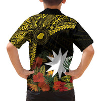Gold Nauru Family Matching Off Shoulder Maxi Dress and Hawaiian Shirt Naoero Map With Polynesian Tropical Flowers LT14 - Polynesian Pride