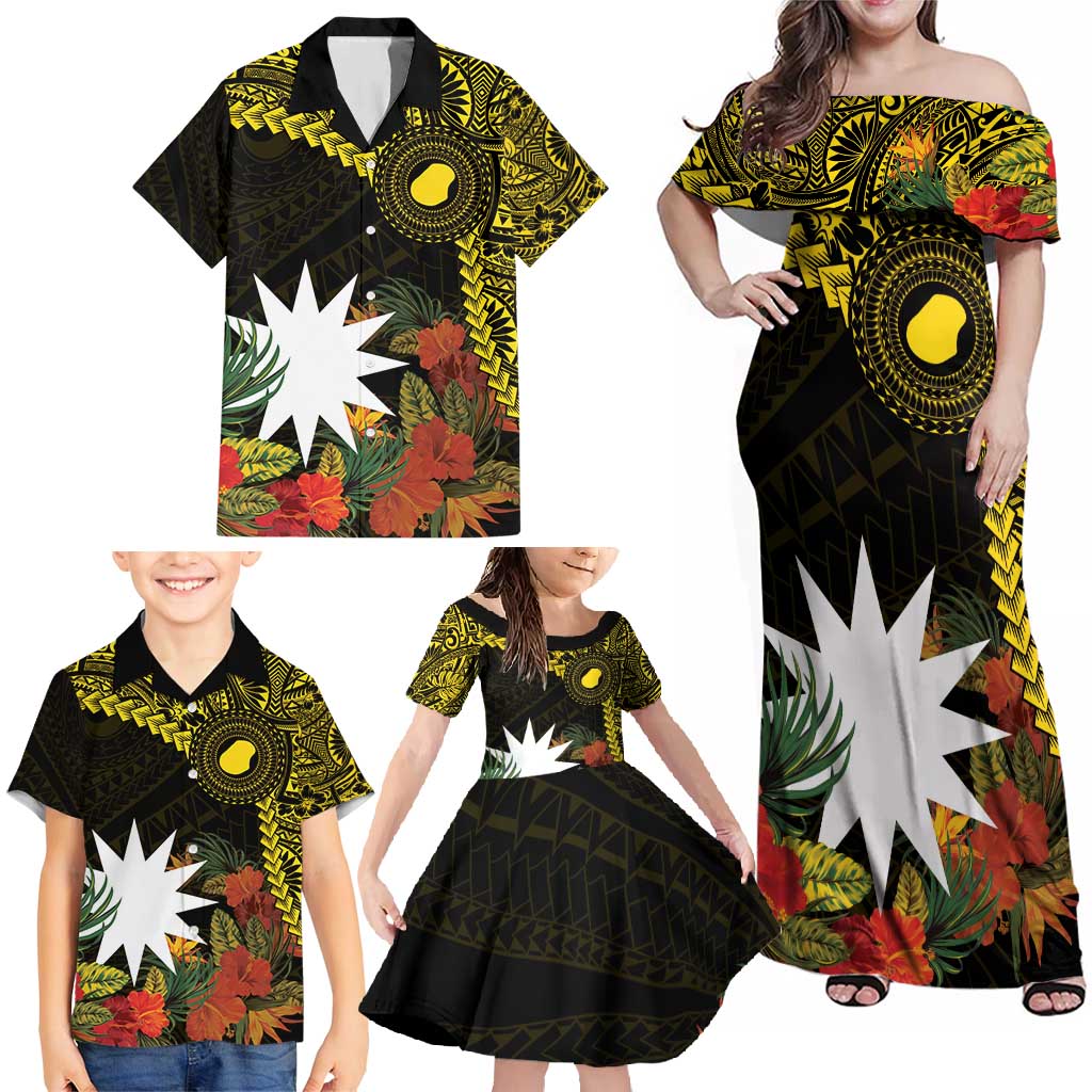Gold Nauru Family Matching Off Shoulder Maxi Dress and Hawaiian Shirt Naoero Map With Polynesian Tropical Flowers LT14 - Polynesian Pride