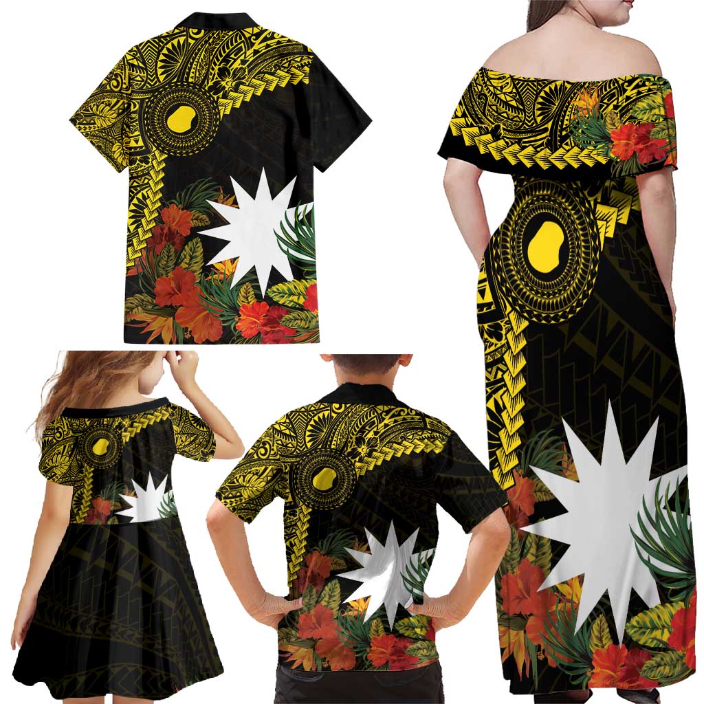 Gold Nauru Family Matching Off Shoulder Maxi Dress and Hawaiian Shirt Naoero Map With Polynesian Tropical Flowers LT14 - Polynesian Pride