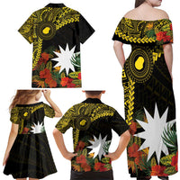 Gold Nauru Family Matching Off Shoulder Maxi Dress and Hawaiian Shirt Naoero Map With Polynesian Tropical Flowers LT14 - Polynesian Pride