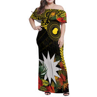 Gold Nauru Family Matching Off Shoulder Maxi Dress and Hawaiian Shirt Naoero Map With Polynesian Tropical Flowers LT14 Mom's Dress Gold - Polynesian Pride