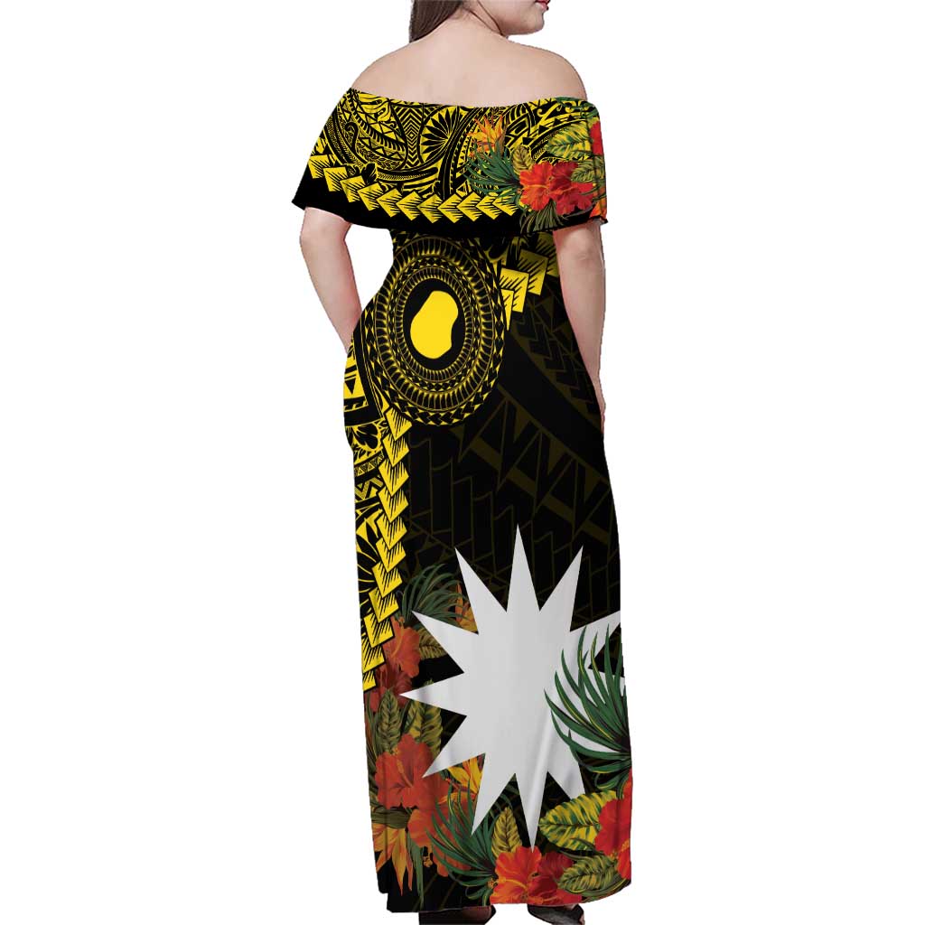 Gold Nauru Family Matching Off Shoulder Maxi Dress and Hawaiian Shirt Naoero Map With Polynesian Tropical Flowers LT14 - Polynesian Pride