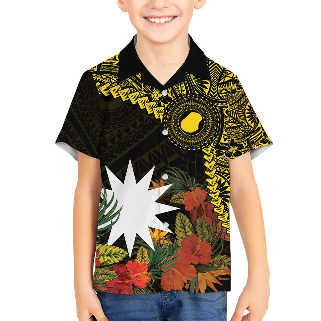 Gold Nauru Family Matching Off Shoulder Maxi Dress and Hawaiian Shirt Naoero Map With Polynesian Tropical Flowers LT14 Son's Shirt Gold - Polynesian Pride