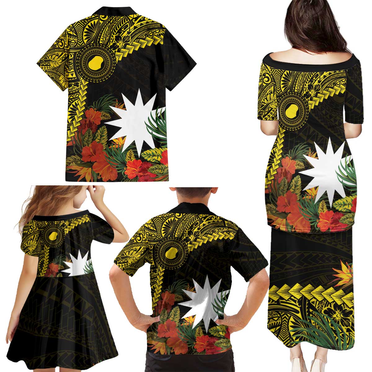 Gold Nauru Family Matching Puletasi and Hawaiian Shirt Naoero Map With Polynesian Tropical Flowers LT14 - Polynesian Pride