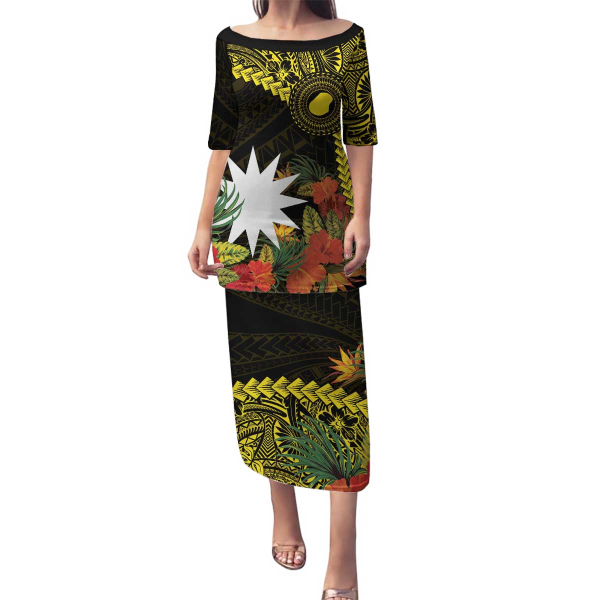 Gold Nauru Family Matching Puletasi and Hawaiian Shirt Naoero Map With Polynesian Tropical Flowers LT14 Mom's Dress Gold - Polynesian Pride