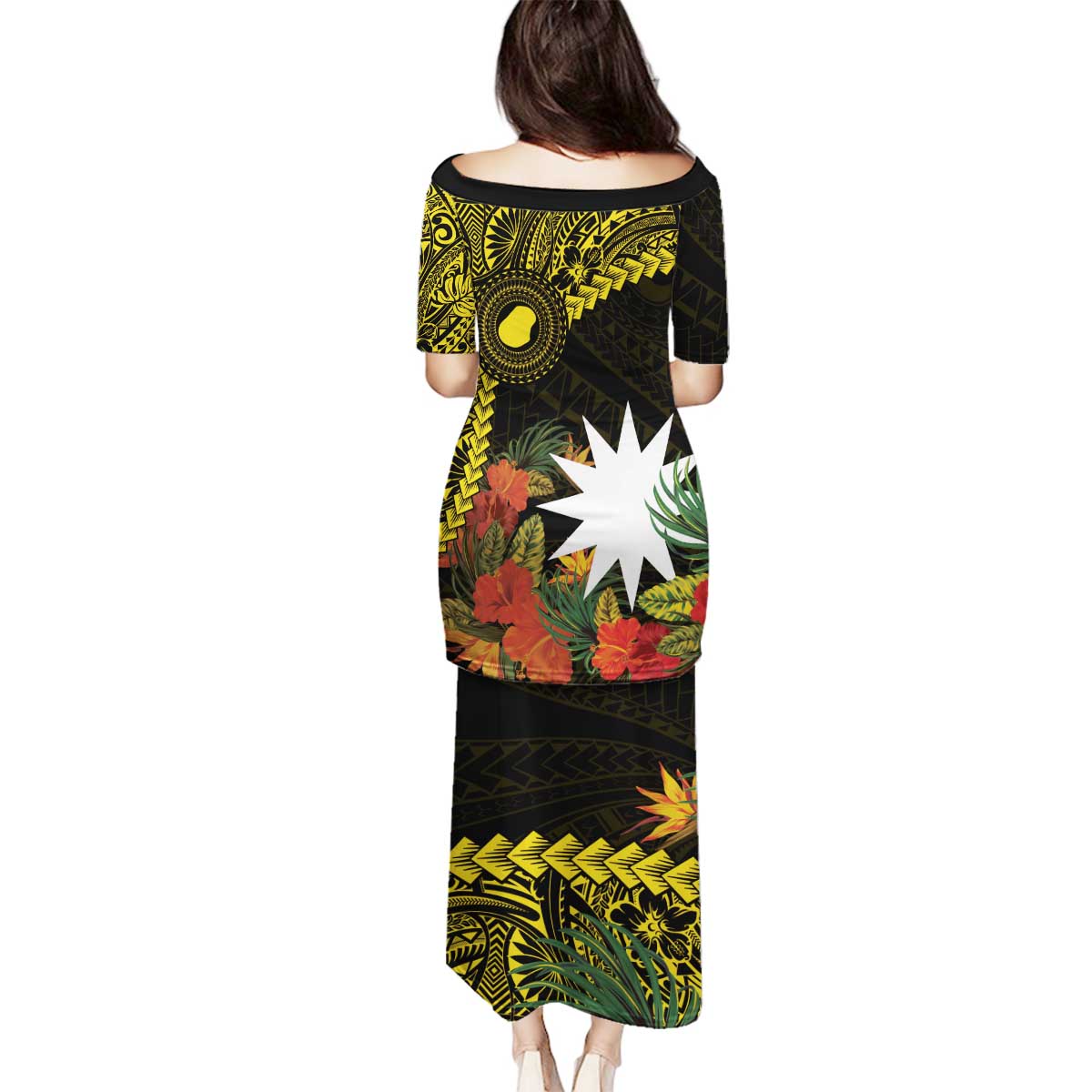 Gold Nauru Family Matching Puletasi and Hawaiian Shirt Naoero Map With Polynesian Tropical Flowers LT14 - Polynesian Pride