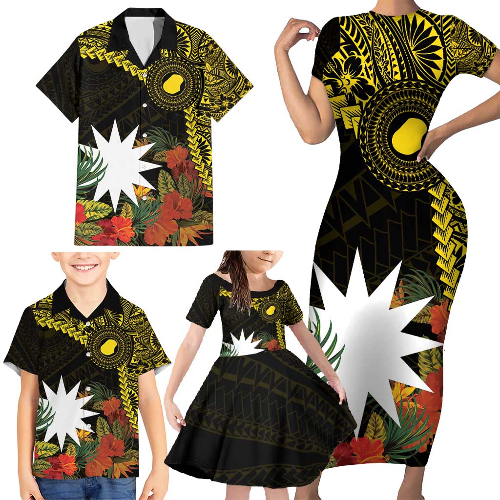 Gold Nauru Family Matching Short Sleeve Bodycon Dress and Hawaiian Shirt Naoero Map With Polynesian Tropical Flowers LT14 - Polynesian Pride