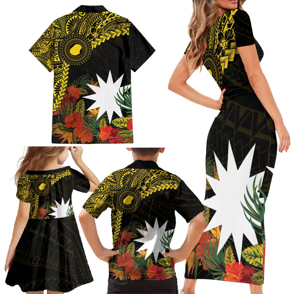 Gold Nauru Family Matching Short Sleeve Bodycon Dress and Hawaiian Shirt Naoero Map With Polynesian Tropical Flowers LT14 - Polynesian Pride