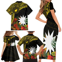 Gold Nauru Family Matching Short Sleeve Bodycon Dress and Hawaiian Shirt Naoero Map With Polynesian Tropical Flowers LT14 - Polynesian Pride