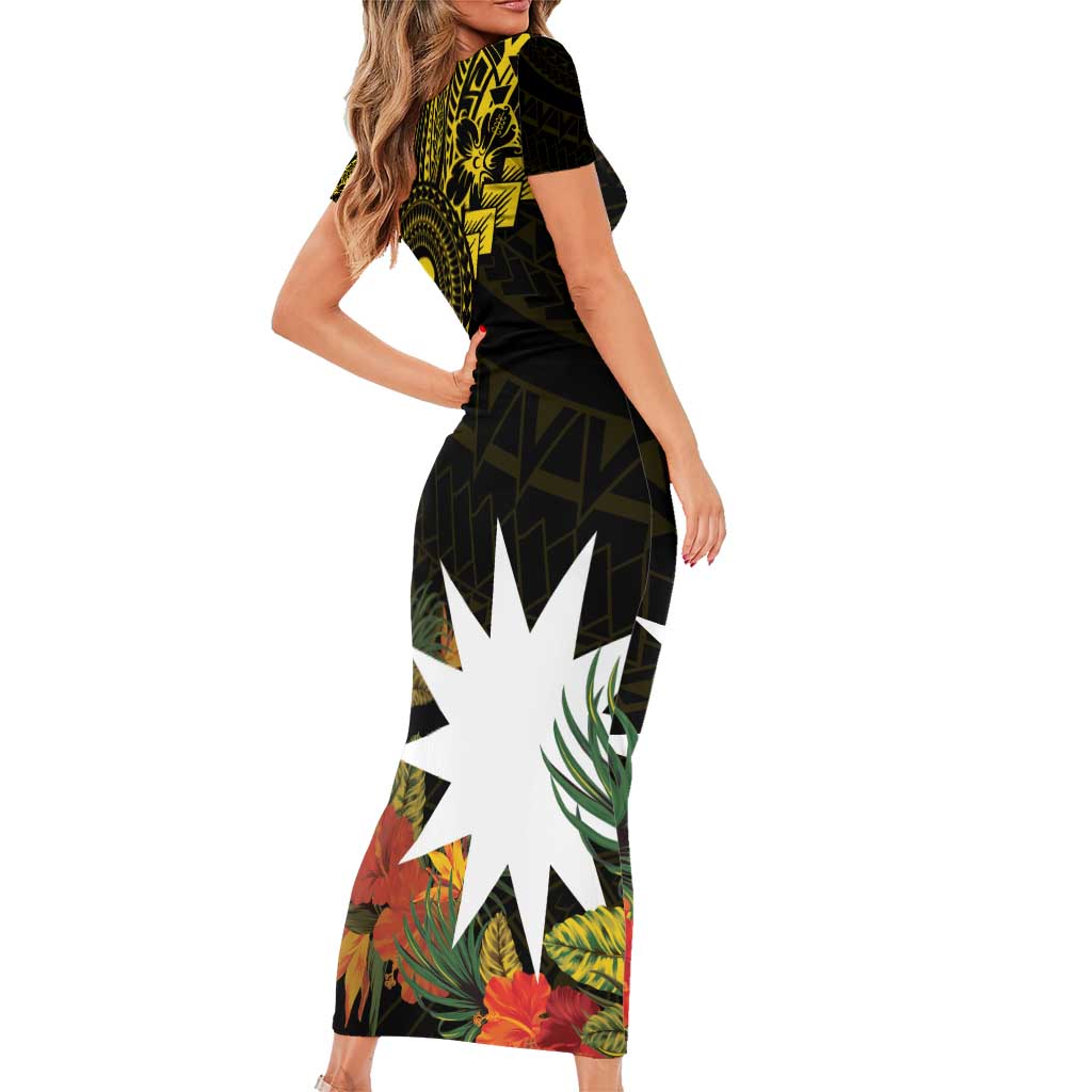 Gold Nauru Family Matching Short Sleeve Bodycon Dress and Hawaiian Shirt Naoero Map With Polynesian Tropical Flowers LT14 - Polynesian Pride