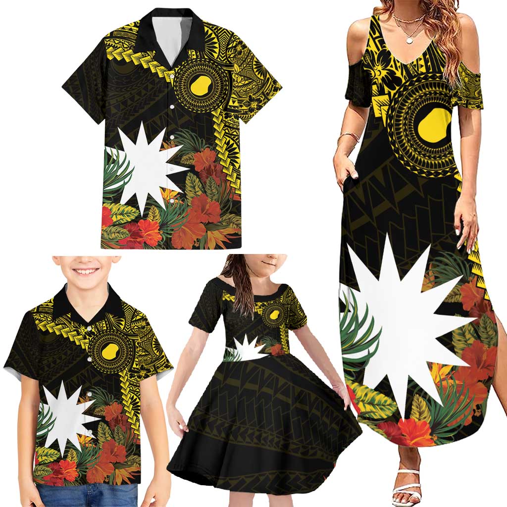 Gold Nauru Family Matching Summer Maxi Dress and Hawaiian Shirt Naoero Map With Polynesian Tropical Flowers LT14 - Polynesian Pride
