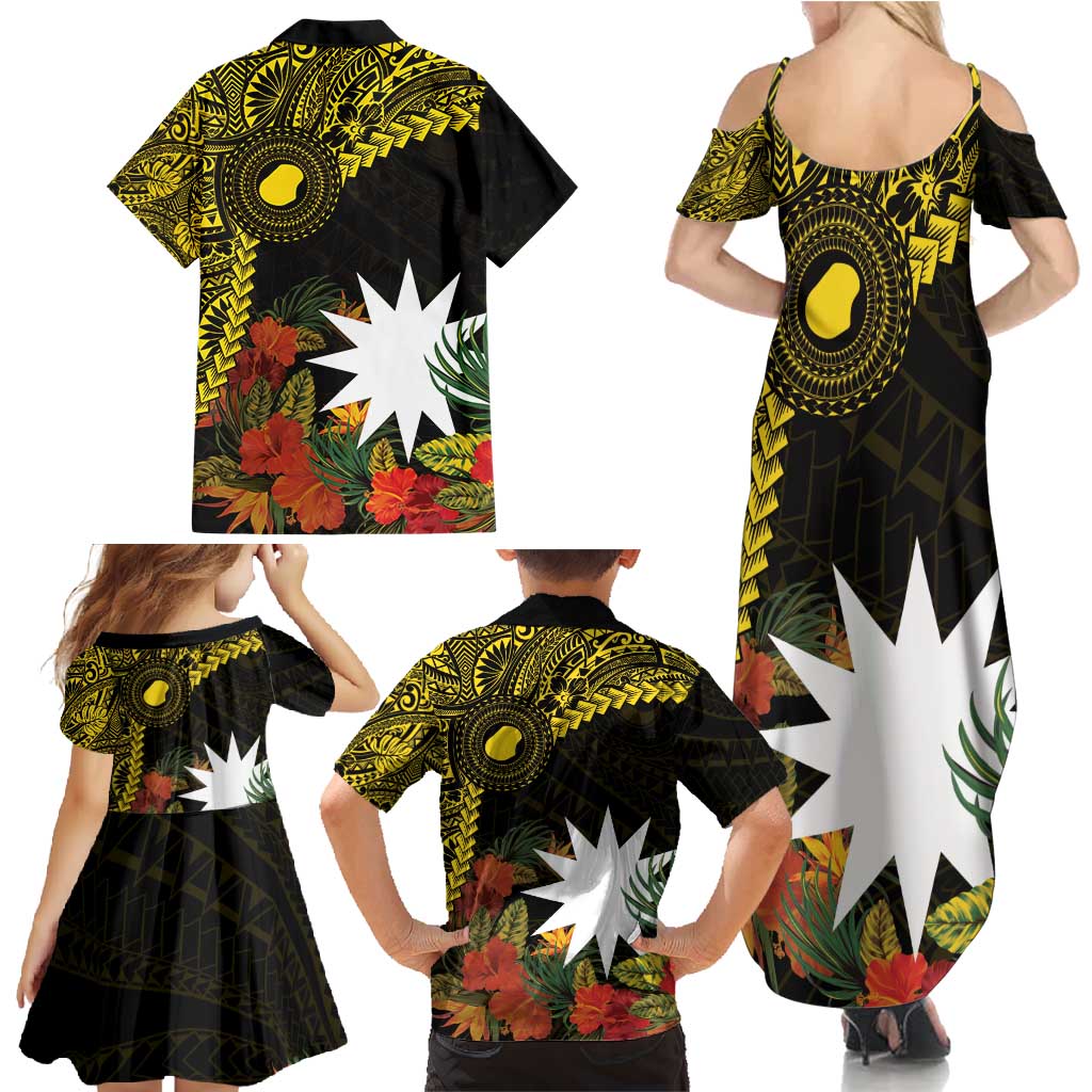 Gold Nauru Family Matching Summer Maxi Dress and Hawaiian Shirt Naoero Map With Polynesian Tropical Flowers LT14 - Polynesian Pride
