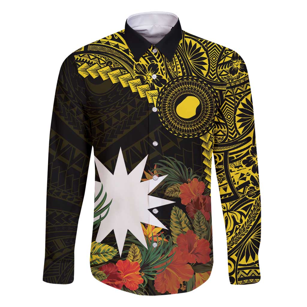 Gold Nauru Family Matching Summer Maxi Dress and Hawaiian Shirt Naoero Map With Polynesian Tropical Flowers LT14 Dad's Shirt - Long Sleeve Gold - Polynesian Pride