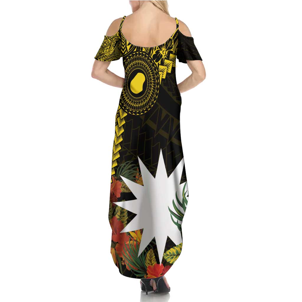 Gold Nauru Family Matching Summer Maxi Dress and Hawaiian Shirt Naoero Map With Polynesian Tropical Flowers LT14 - Polynesian Pride