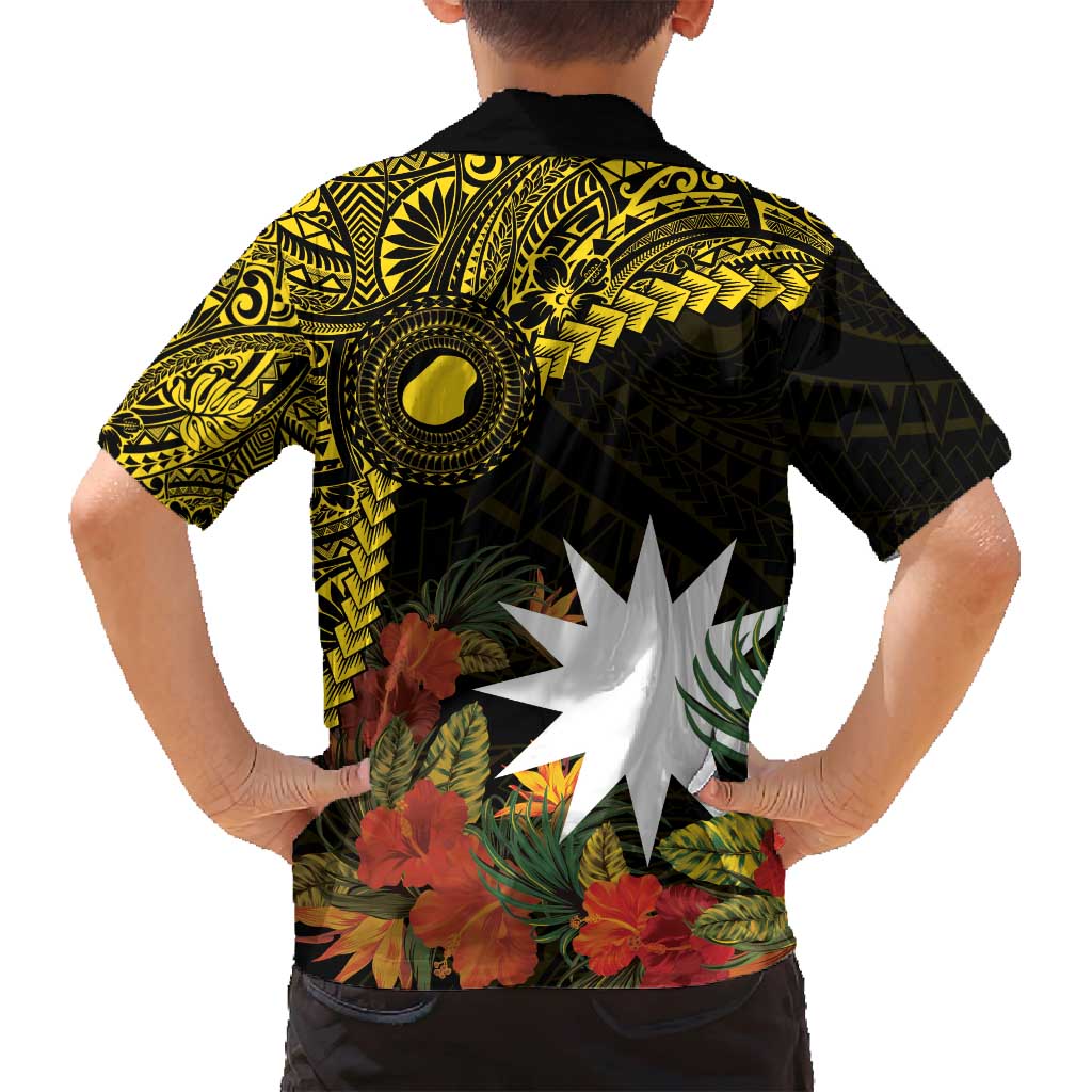 Gold Nauru Family Matching Tank Maxi Dress and Hawaiian Shirt Naoero Map With Polynesian Tropical Flowers LT14 - Polynesian Pride