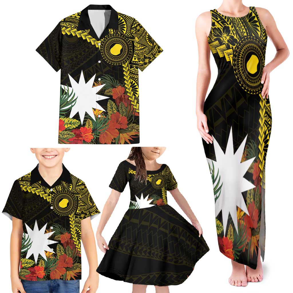 Gold Nauru Family Matching Tank Maxi Dress and Hawaiian Shirt Naoero Map With Polynesian Tropical Flowers LT14 - Polynesian Pride