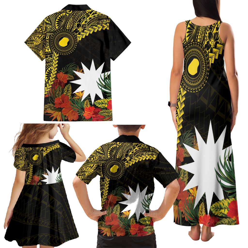 Gold Nauru Family Matching Tank Maxi Dress and Hawaiian Shirt Naoero Map With Polynesian Tropical Flowers LT14 - Polynesian Pride