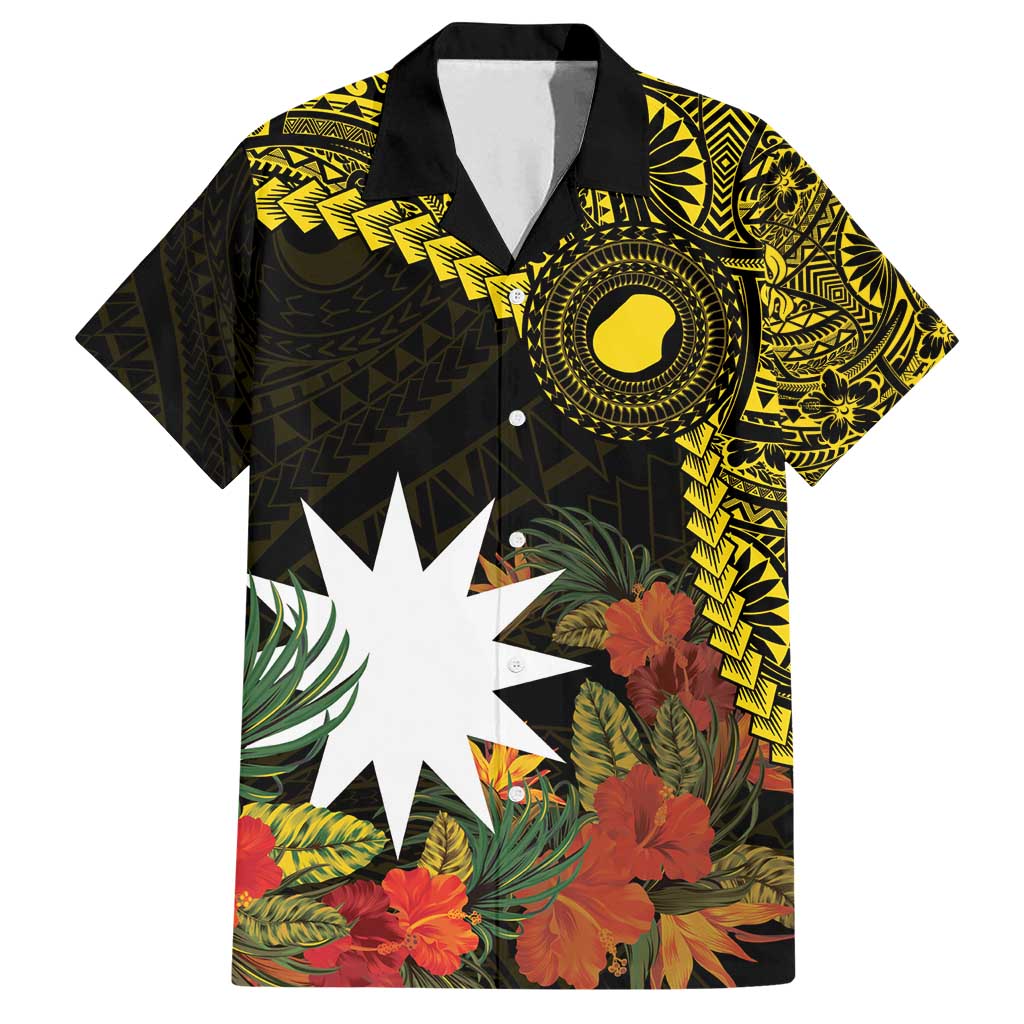 Gold Nauru Family Matching Tank Maxi Dress and Hawaiian Shirt Naoero Map With Polynesian Tropical Flowers LT14 Dad's Shirt - Short Sleeve Gold - Polynesian Pride