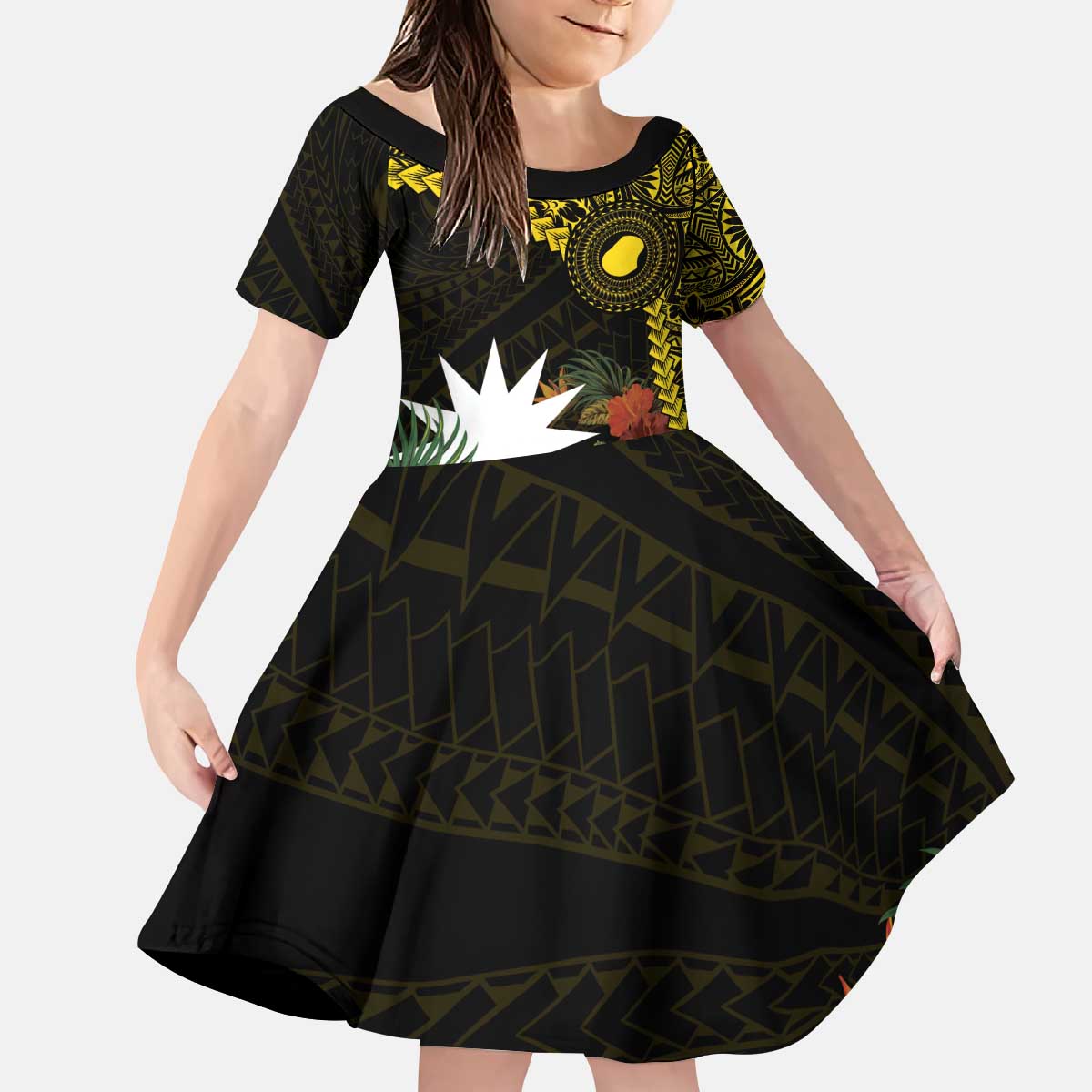 Gold Nauru Kid Short Sleeve Dress Naoero Map With Polynesian Tropical Flowers LT14 KID Gold - Polynesian Pride