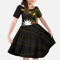 Gold Nauru Kid Short Sleeve Dress Naoero Map With Polynesian Tropical Flowers LT14 KID Gold - Polynesian Pride