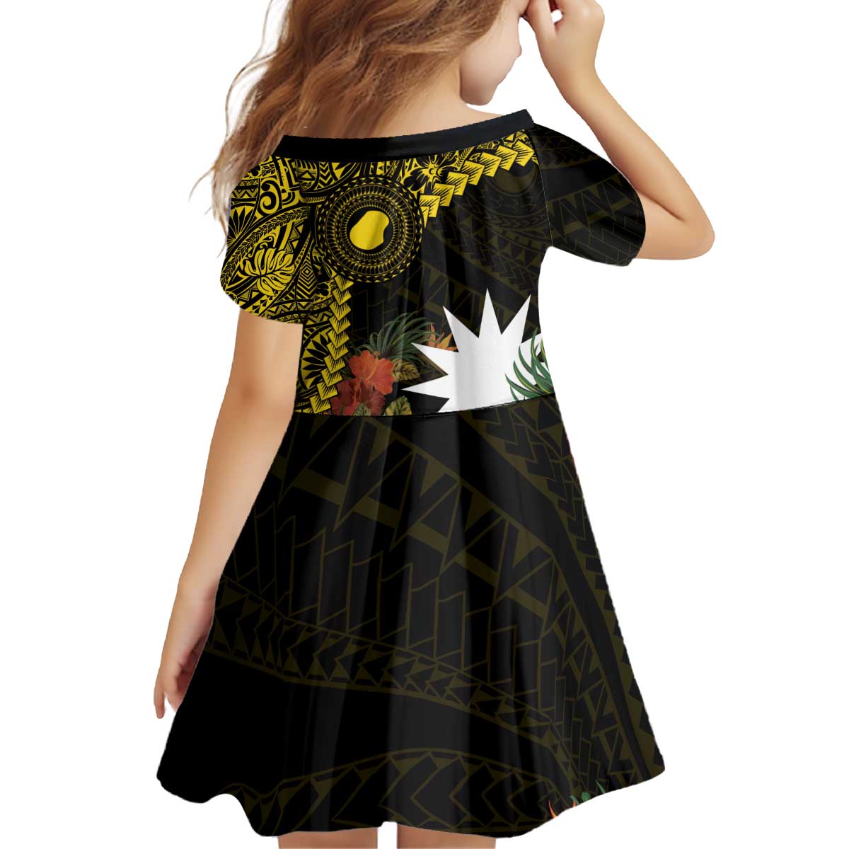Gold Nauru Kid Short Sleeve Dress Naoero Map With Polynesian Tropical Flowers LT14 - Polynesian Pride