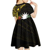 Gold Nauru Kid Short Sleeve Dress Naoero Map With Polynesian Tropical Flowers LT14 - Polynesian Pride