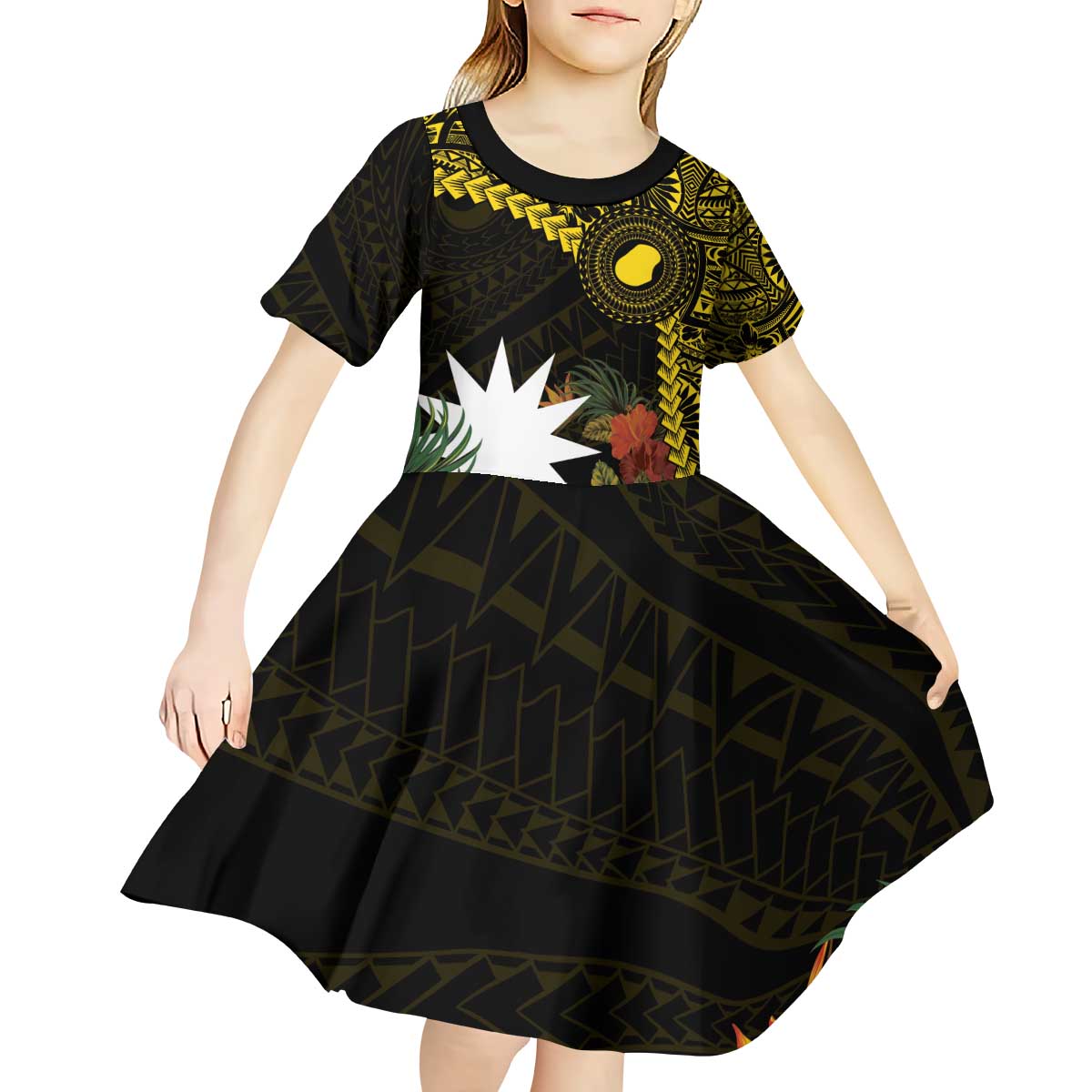 Gold Nauru Kid Short Sleeve Dress Naoero Map With Polynesian Tropical Flowers LT14 - Polynesian Pride