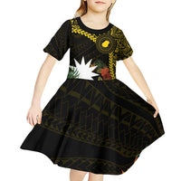 Gold Nauru Kid Short Sleeve Dress Naoero Map With Polynesian Tropical Flowers LT14 - Polynesian Pride
