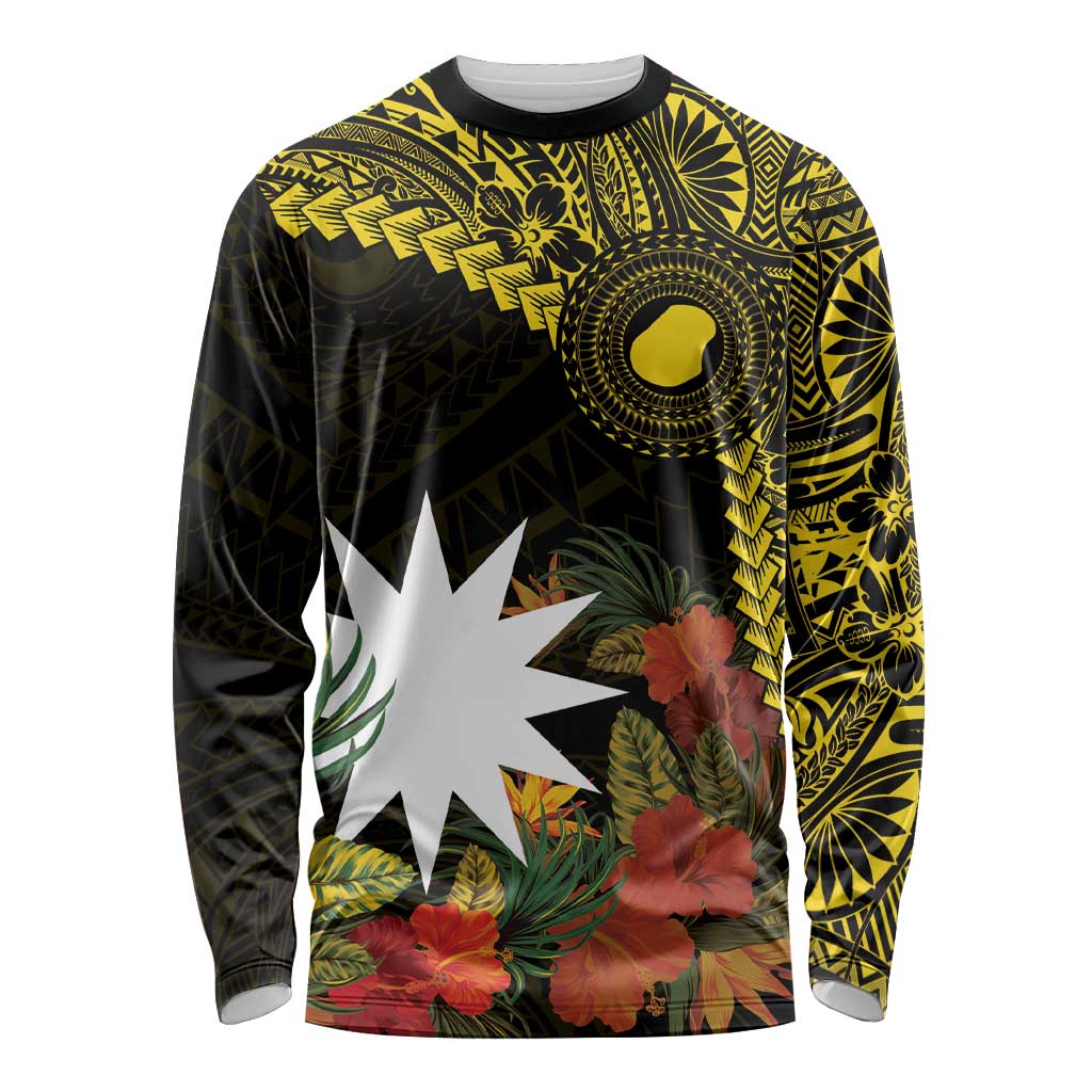 Gold Nauru Long Sleeve Shirt Naoero Map With Polynesian Tropical Flowers LT14 Unisex Gold - Polynesian Pride