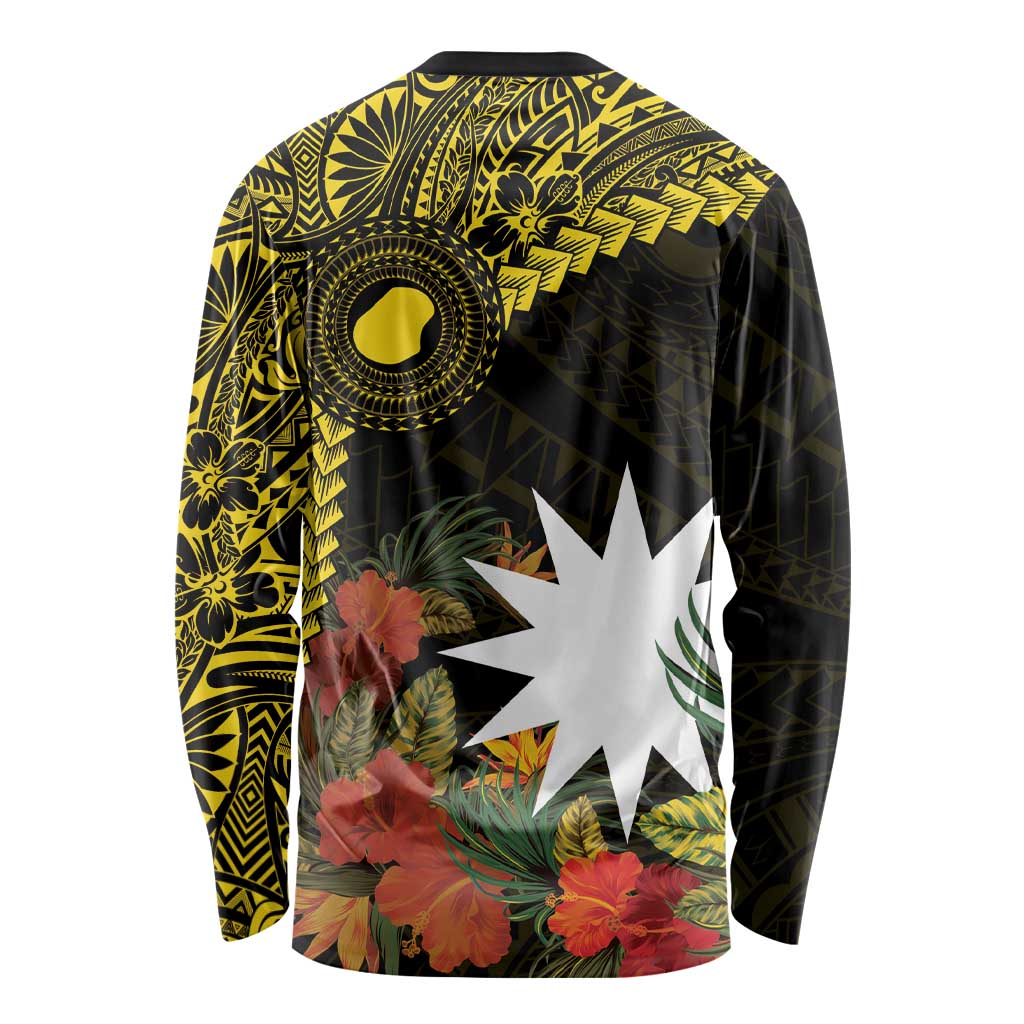 Gold Nauru Long Sleeve Shirt Naoero Map With Polynesian Tropical Flowers LT14 - Polynesian Pride