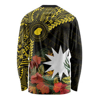 Gold Nauru Long Sleeve Shirt Naoero Map With Polynesian Tropical Flowers LT14 - Polynesian Pride