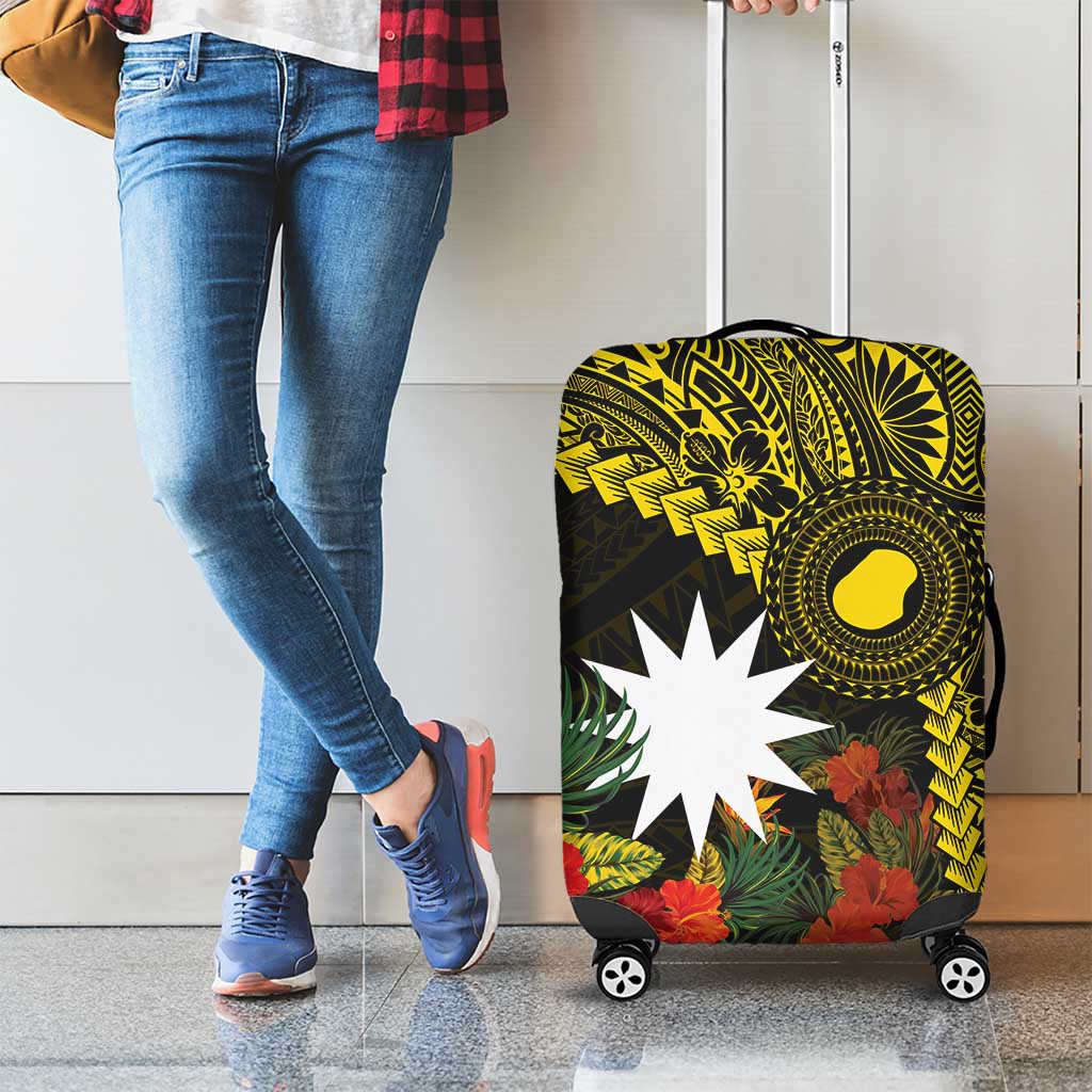 Gold Nauru Luggage Cover Naoero Map With Polynesian Tropical Flowers