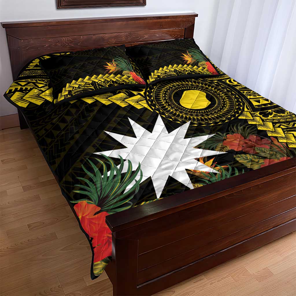 Gold Nauru Quilt Bed Set Naoero Map With Polynesian Tropical Flowers LT14 - Polynesian Pride