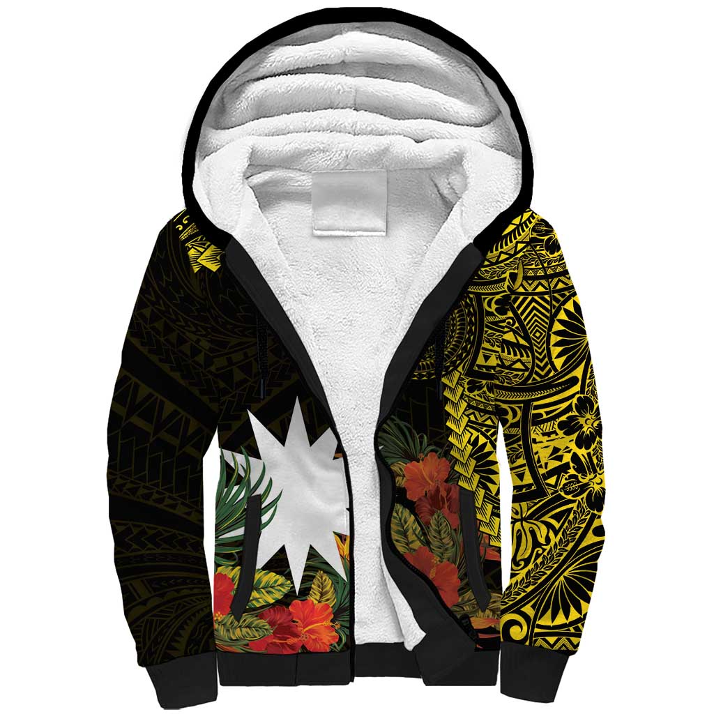 Gold Nauru Sherpa Hoodie Naoero Map With Polynesian Tropical Flowers LT14 Unisex Gold - Polynesian Pride