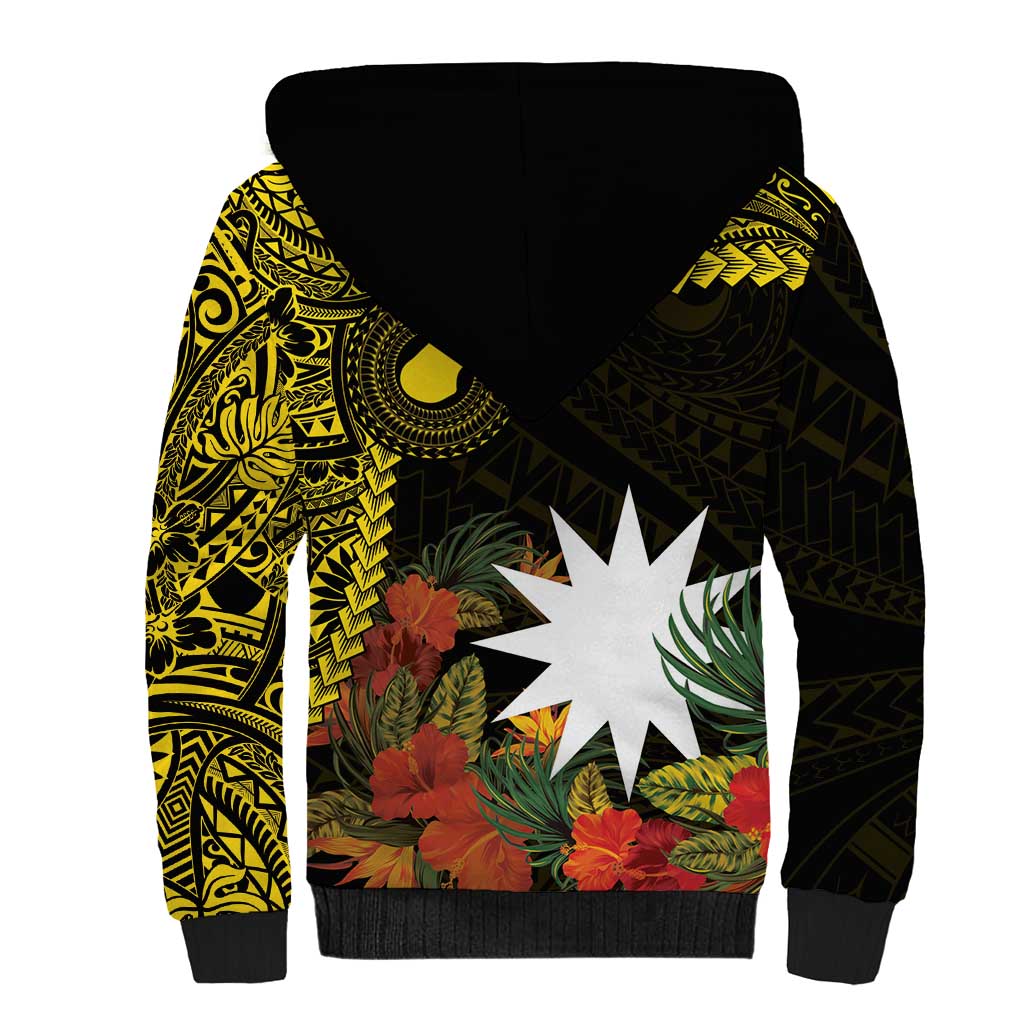 Gold Nauru Sherpa Hoodie Naoero Map With Polynesian Tropical Flowers LT14 - Polynesian Pride