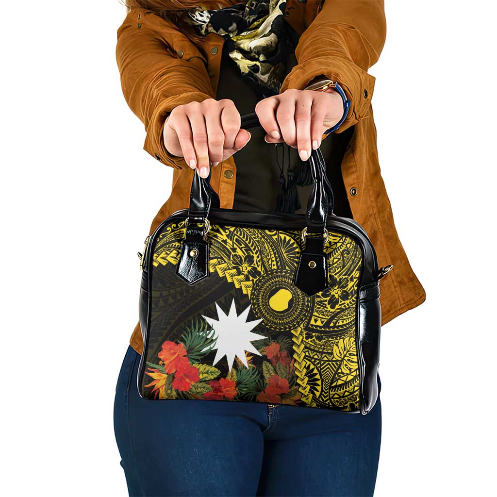Gold Nauru Shoulder Handbag Naoero Map With Polynesian Tropical Flowers LT14 One Size Gold - Polynesian Pride