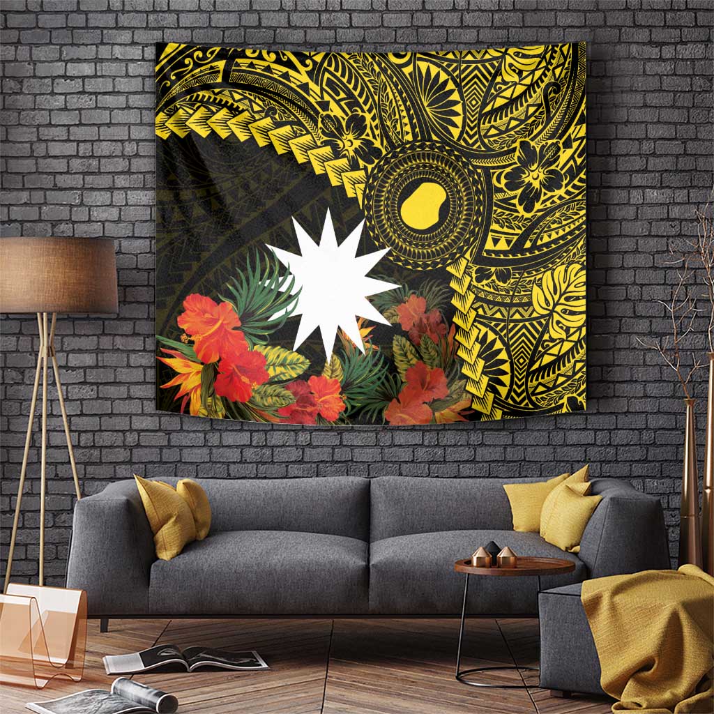 Gold Nauru Tapestry Naoero Map With Polynesian Tropical Flowers LT14 - Polynesian Pride