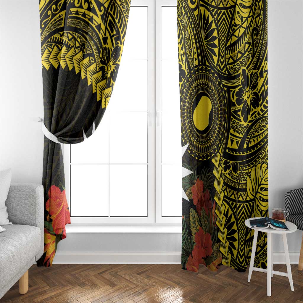 Gold Nauru Window Curtain Naoero Map With Polynesian Tropical Flowers