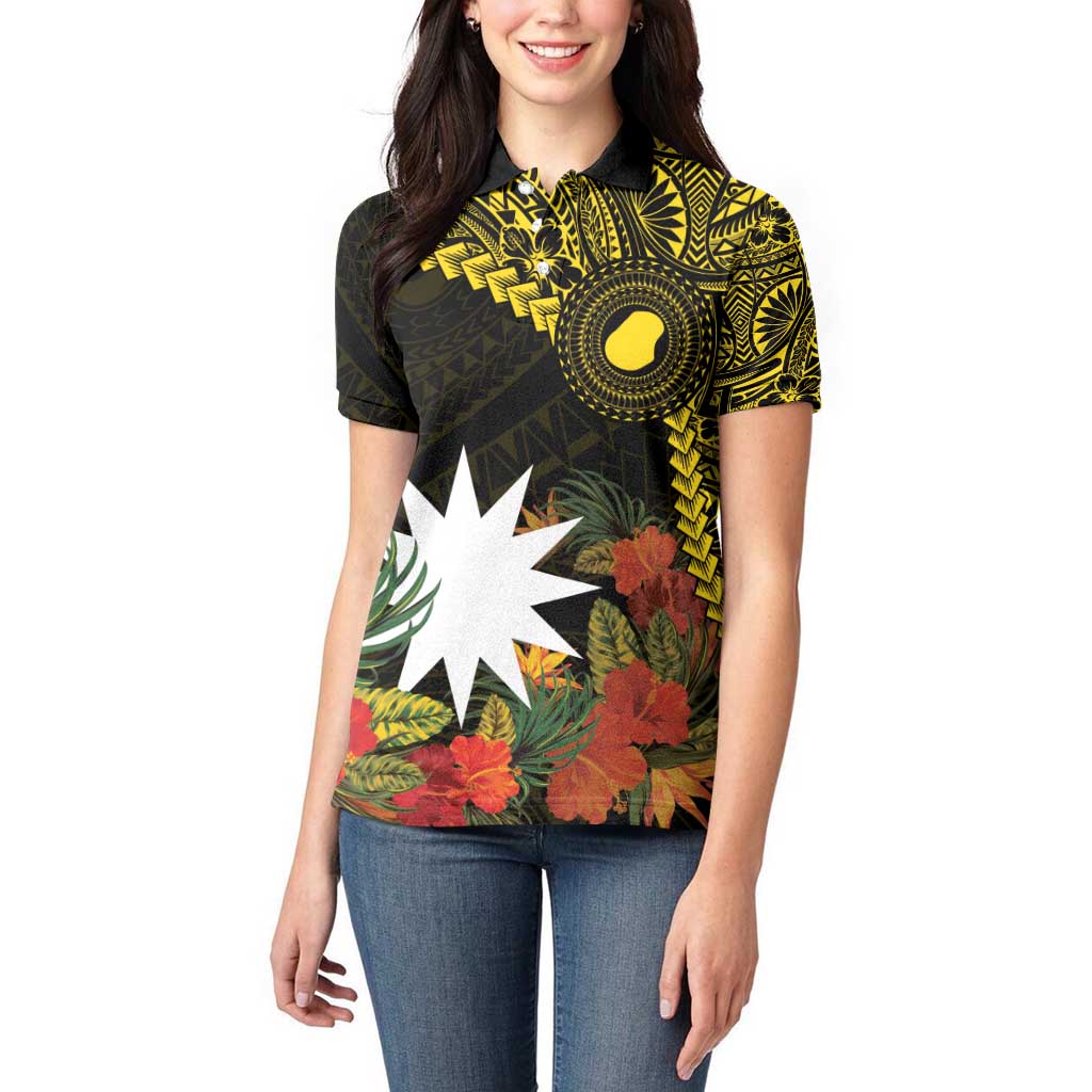 Gold Nauru Women Polo Shirt Naoero Map With Polynesian Tropical Flowers