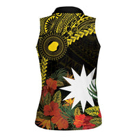 Gold Nauru Women Sleeveless Polo Shirt Naoero Map With Polynesian Tropical Flowers LT14 - Polynesian Pride