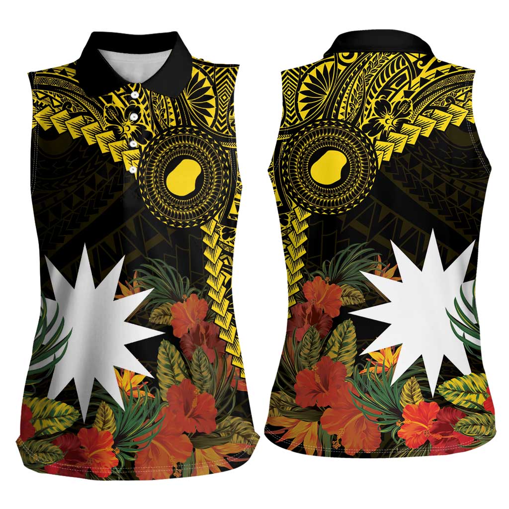 Gold Nauru Women Sleeveless Polo Shirt Naoero Map With Polynesian Tropical Flowers LT14 - Polynesian Pride