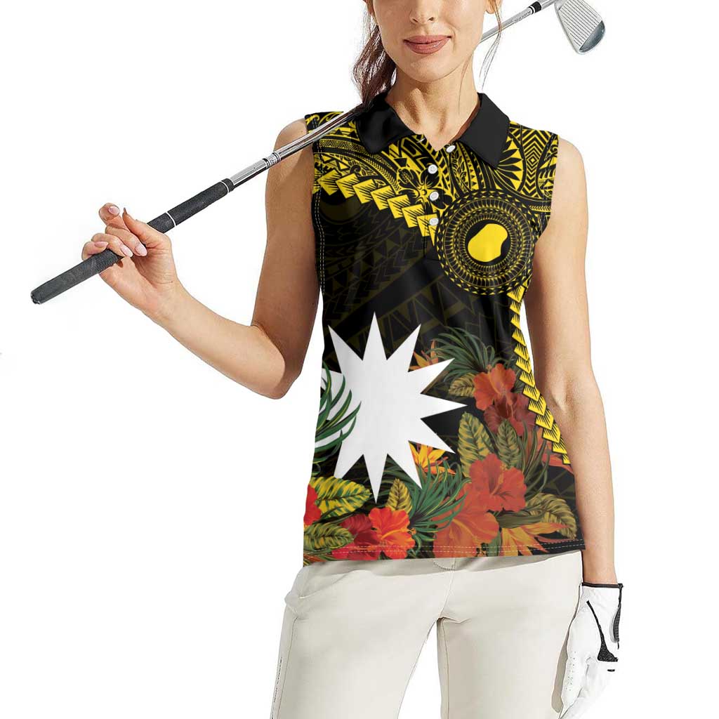 Gold Nauru Women Sleeveless Polo Shirt Naoero Map With Polynesian Tropical Flowers LT14 - Polynesian Pride