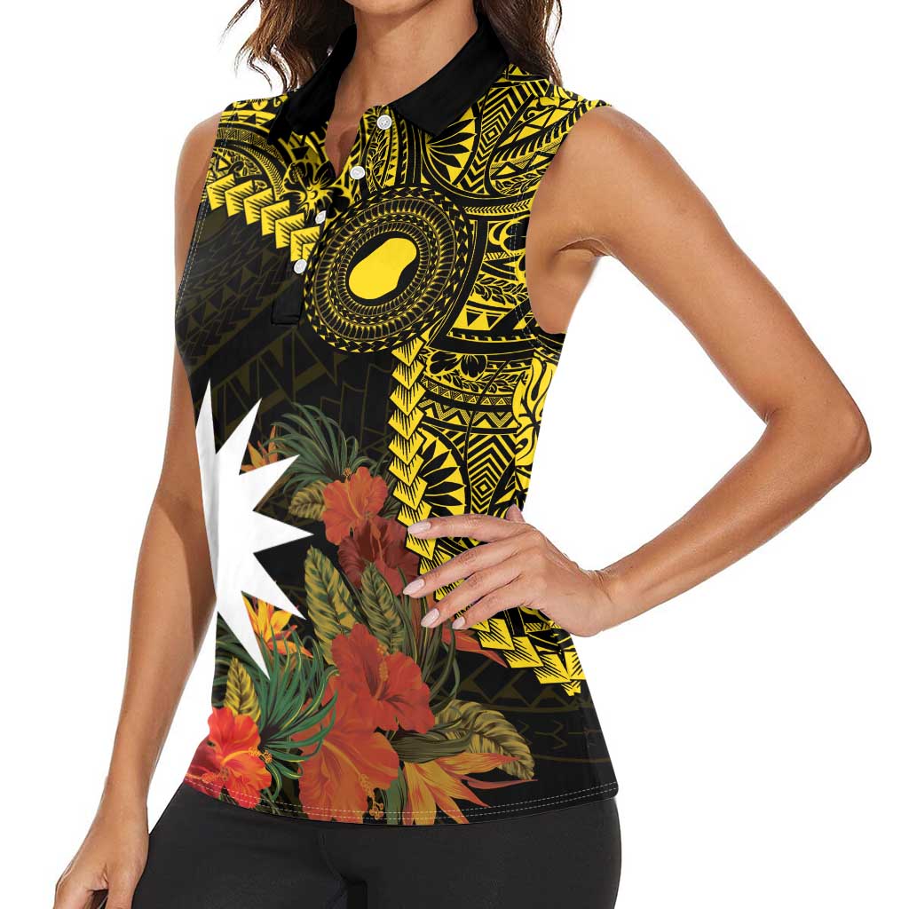 Gold Nauru Women Sleeveless Polo Shirt Naoero Map With Polynesian Tropical Flowers LT14 - Polynesian Pride