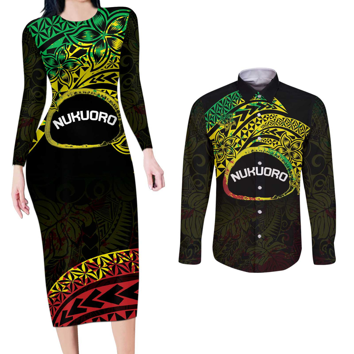 Personalised Nukuoro Atoll Couples Matching Long Sleeve Bodycon Dress and Long Sleeve Button Shirt Polynesian Tattoo Curves Reggae Version LT14 Reggae - Polynesian Pride