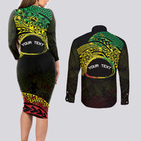 Personalised Nukuoro Atoll Couples Matching Long Sleeve Bodycon Dress and Long Sleeve Button Shirt Polynesian Tattoo Curves Reggae Version LT14 - Polynesian Pride