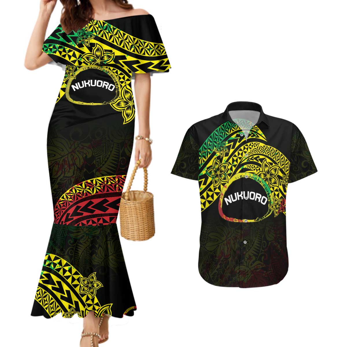 Personalised Nukuoro Atoll Couples Matching Mermaid Dress and Hawaiian Shirt Polynesian Tattoo Curves Reggae Version LT14 Reggae - Polynesian Pride